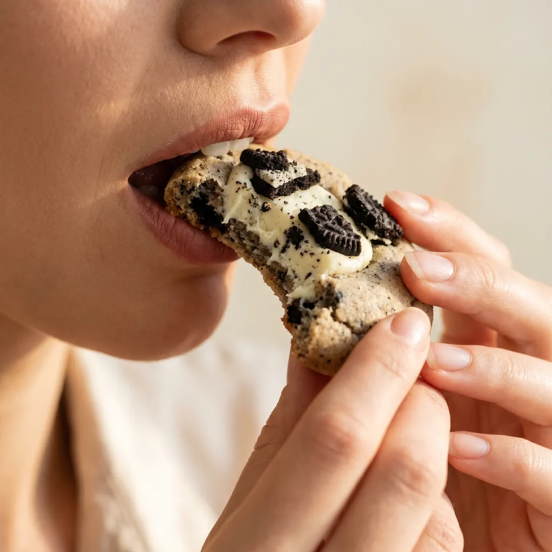 Mordida no cookie Oreo, recheio branco e pedaços de Oreo à mostra