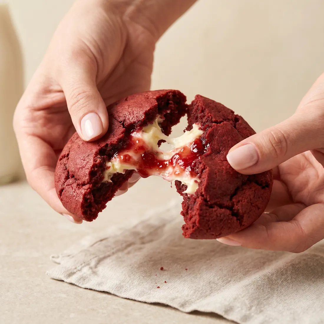 Cookie Red Velvet partido nas mãos, recheio cremoso escorrendo