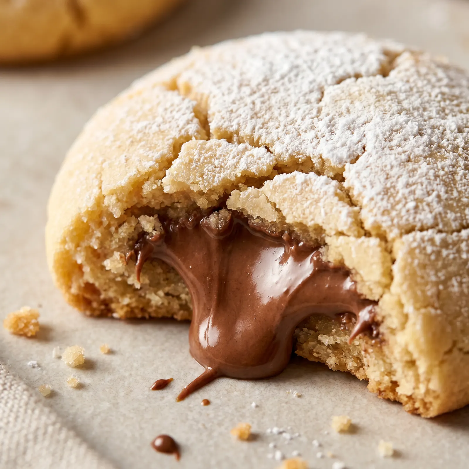 Macro do cookie Ninho com Nutella™ mostrando casquinha, massa e recheio