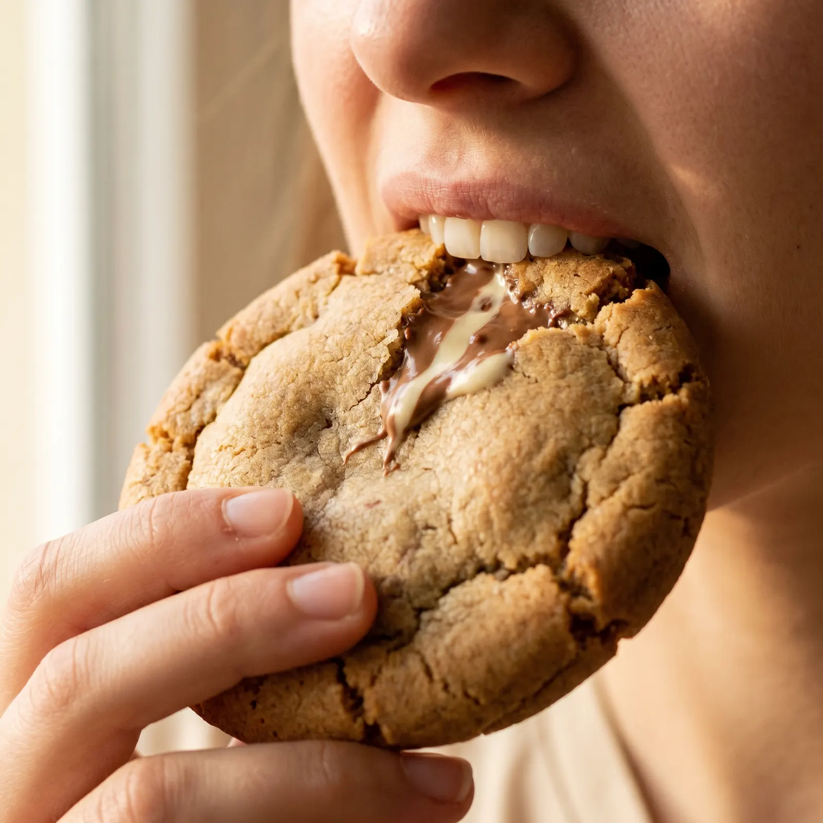 Mordida no cookie Kinder, recheio de chocolate à mostra